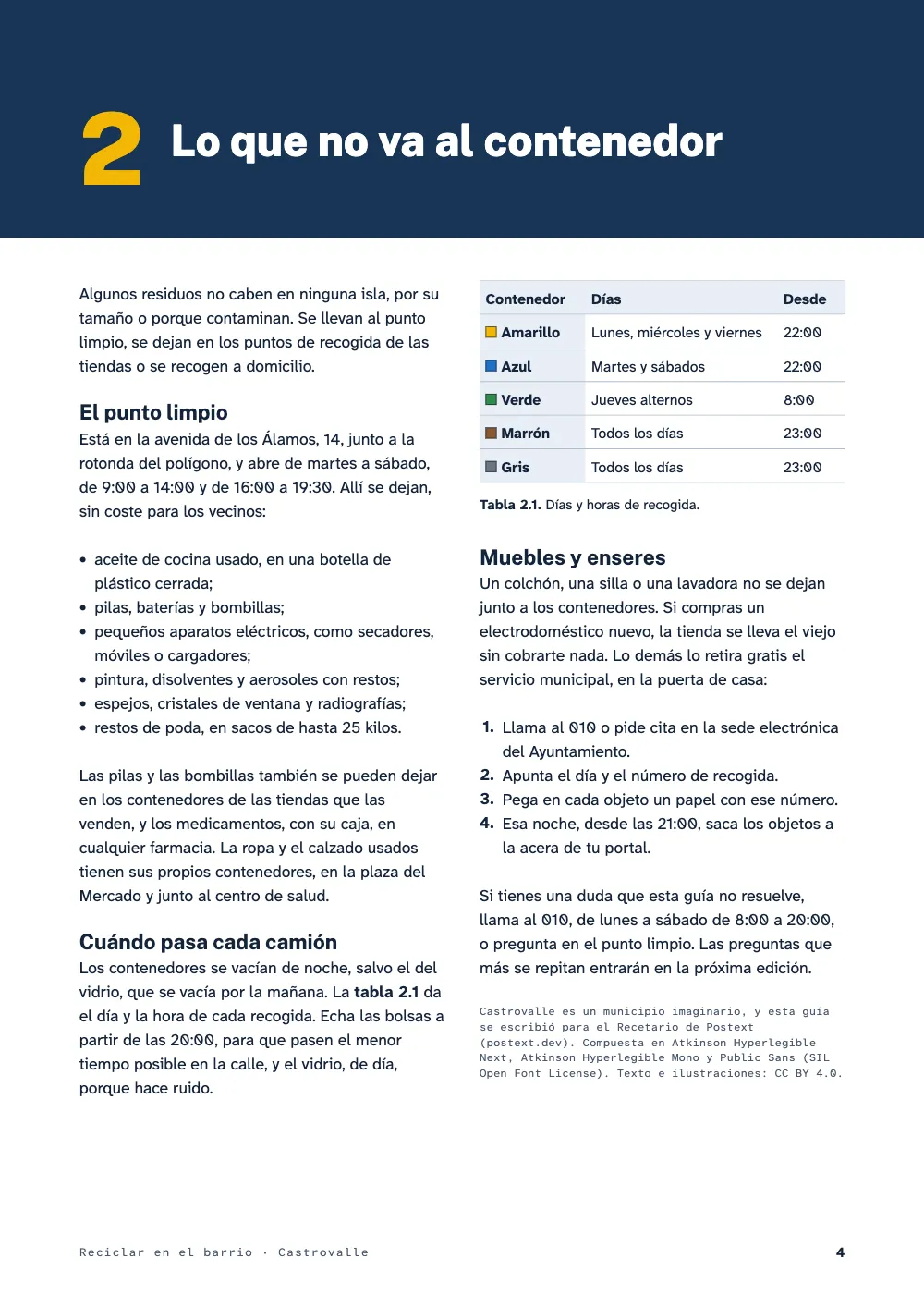 Página de apertura 4: 2 Lo que no va al contenedor. Tabla 2.1. Días y horas de recogida.