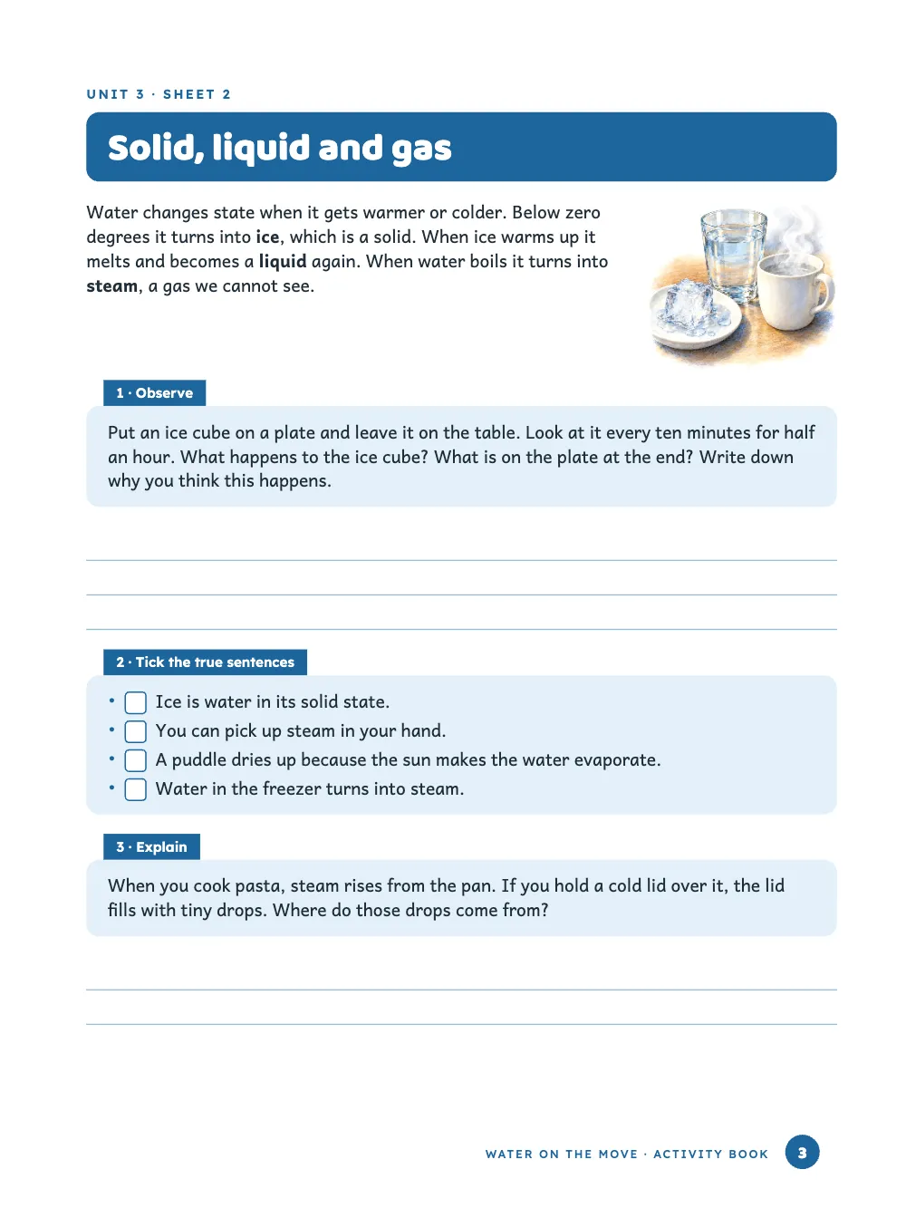 Page 3: Solid, liquid and gas.