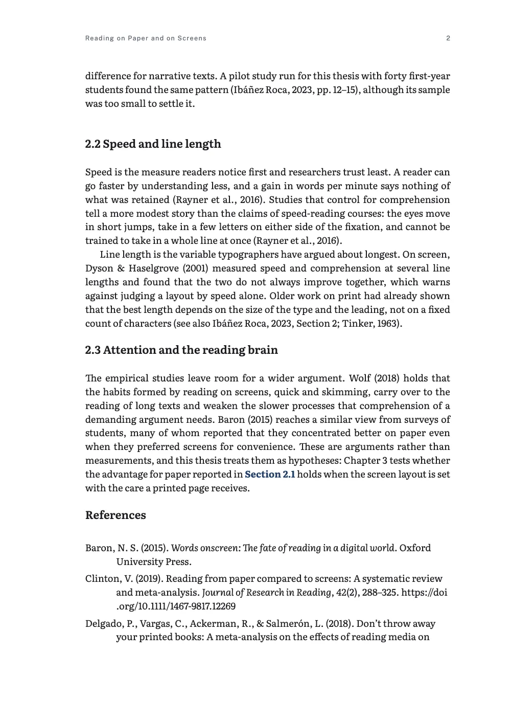 Page 2: 2.2 Speed and line length. Page 2: sections 2.2 and 2.3 with narrative citations like Delgado et al. (2018), a locator citation (Ibáñez Roca, 2023, pp. 12–15), and the start of the unnumbered References list.