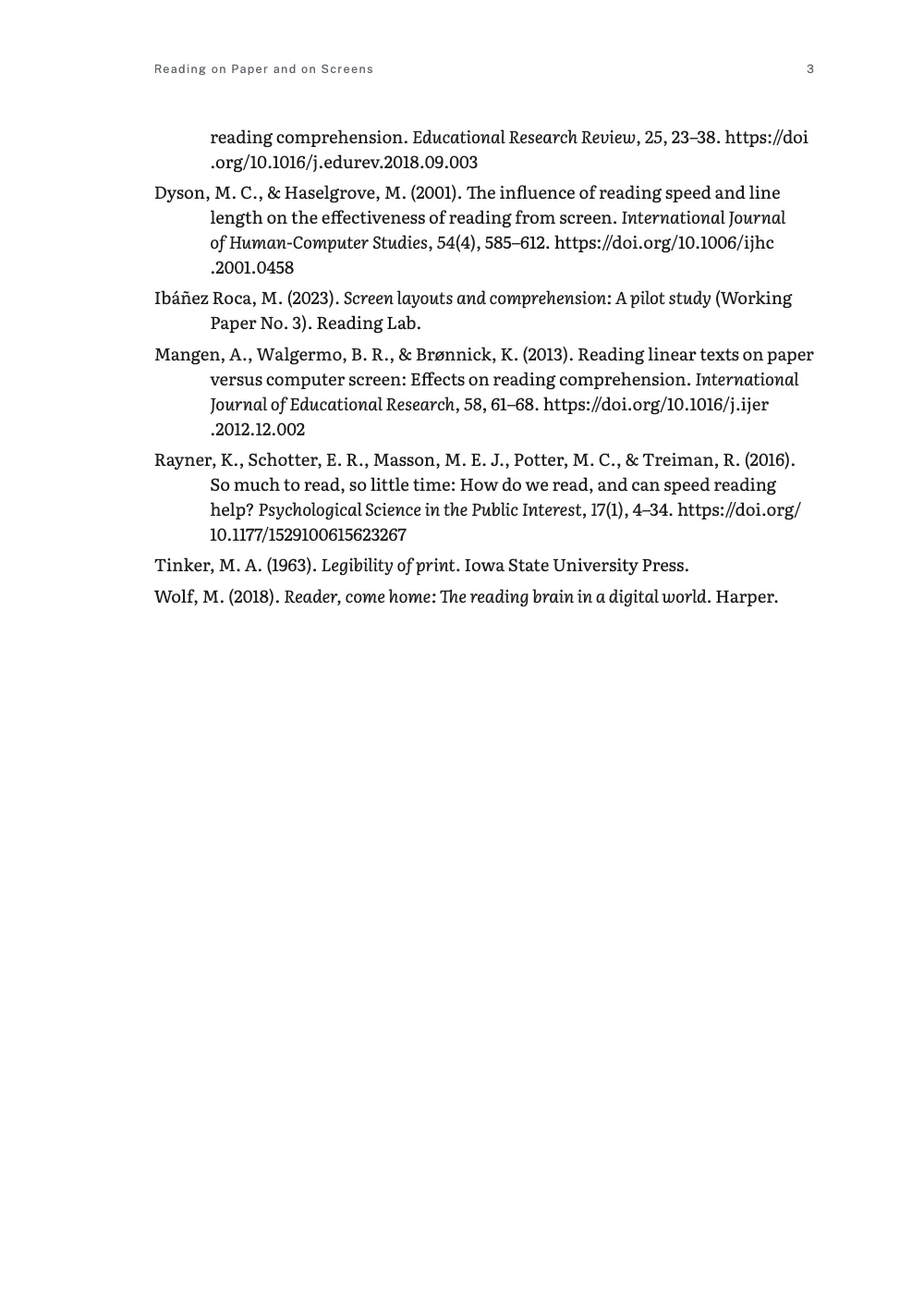 Page 3. Page 3: the rest of the References list in APA 7, each entry with a hanging indent and its DOI printed in full.