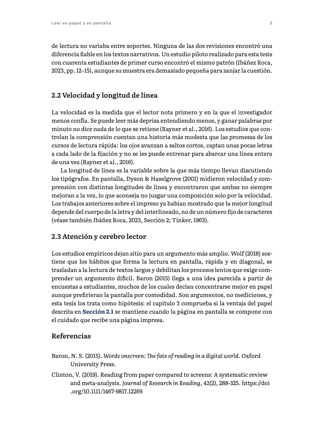 Página 2: 2.2 Velocidad y longitud de línea. Página 2: las secciones 2.2 y 2.3 con citas narrativas como Delgado et al. (2018), una cita con páginas (Ibáñez Roca, 2023, pp. 12–15) y el comienzo de la lista de Referencias, sin número.