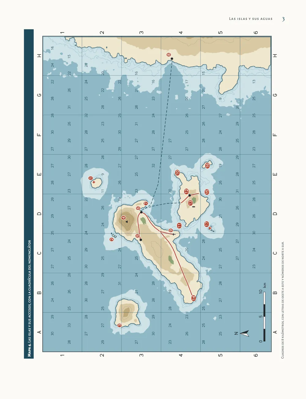 Página 3. Mapa 4. Las islas y sus accesos, con la cuadrícula del nomenclátor. El mapa 4, una carta de todo el grupo y de la costa de tierra firme, girada un cuarto de vuelta con el norte hacia el lomo; en el margen, una cuadrícula con letras de la A a la H y números del 1 al 6; sondas en mar abierto y diecisiete discos rojos.