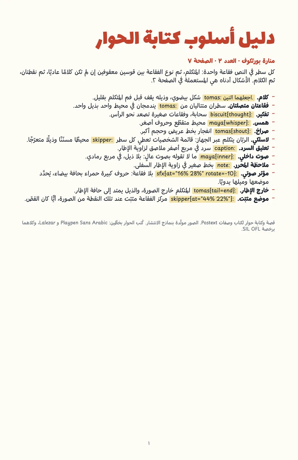 صفحة الافتتاح ١: دليل أسلوب كتابة الحوار. دليل الأسلوب: العنوان بحروف حمراء كبيرة، ثم اثنا عشر نوعًا من الفقاعات، ولكل منها طريقة كتابتها في النص داخل شارة صفراء.
