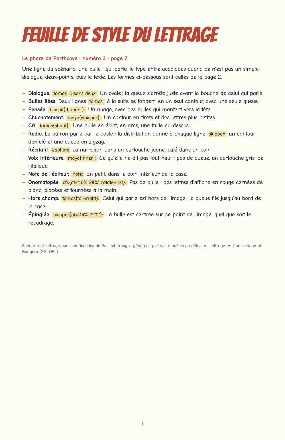 Page d’ouverture 1 : Feuille de style du lettrage. La feuille de style : le titre « Feuille de style du lettrage » en capitales de titrage rouges, puis douze sortes de bulles, chacune avec son balisage de script dans une pastille jaune.