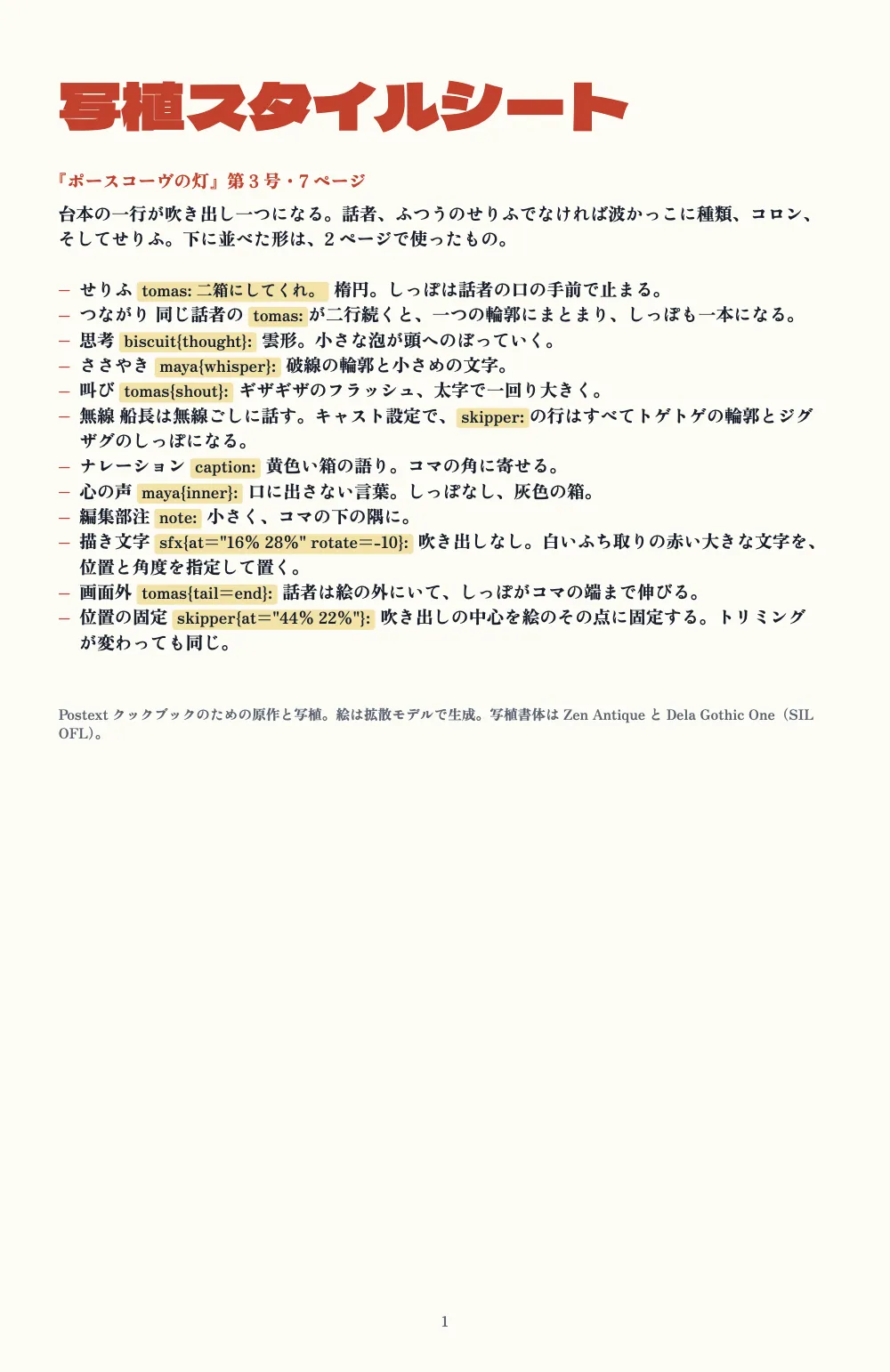 章扉、1ページ：写植スタイルシート。. スタイルシート。赤い大見出しの下に十二種類の吹き出しを並べ、台本での書き方を黄色い枠で示します。