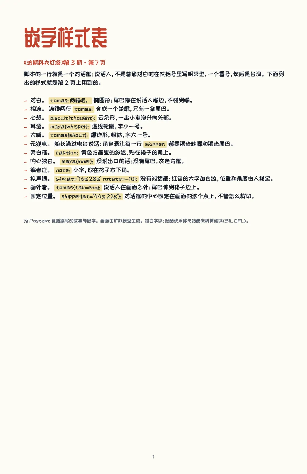 章首页，第 1 页：嵌字样式表。. 样式表：红色大标题，下面列出十二种对话框，每种的脚本写法放在黄色小框里。
