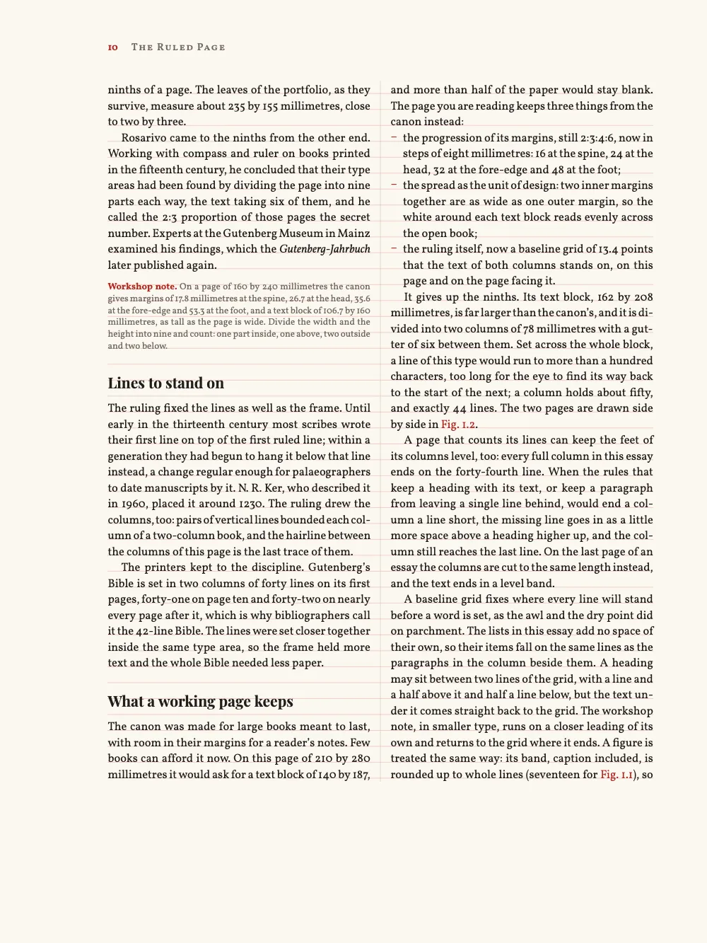 Page 10: Lines to stand on. A verso with the outer margin on the left. The workshop note in small type falls between the grid lines; the heading below it sits half a line off the grid, and the text under the heading is back on the lines.