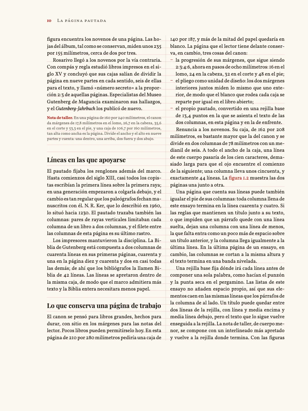 Página 10: Líneas en las que apoyarse. Una página par con el margen exterior a la izquierda. La nota de taller, en cuerpo menor, cae entre las rayas de la rejilla; el título que la sigue queda media línea fuera y el texto que va debajo vuelve a ella.