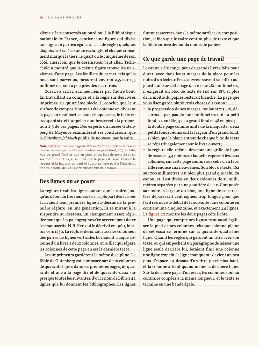 Page 10 : Des lignes où se poser. Un verso, marge extérieure à gauche, sous le titre courant « La page réglée ». La « Note d’atelier », en petit corps, tombe entre les lignes de la grille ; le titre « Des lignes où se poser », juste dessous, se place à une demi-ligne de la grille, et le texte qui le suit revient sur les lignes. Dans la seconde colonne, « Ce que garde une page de travail » et sa liste de trois éléments suivent la grille des paragraphes voisins.