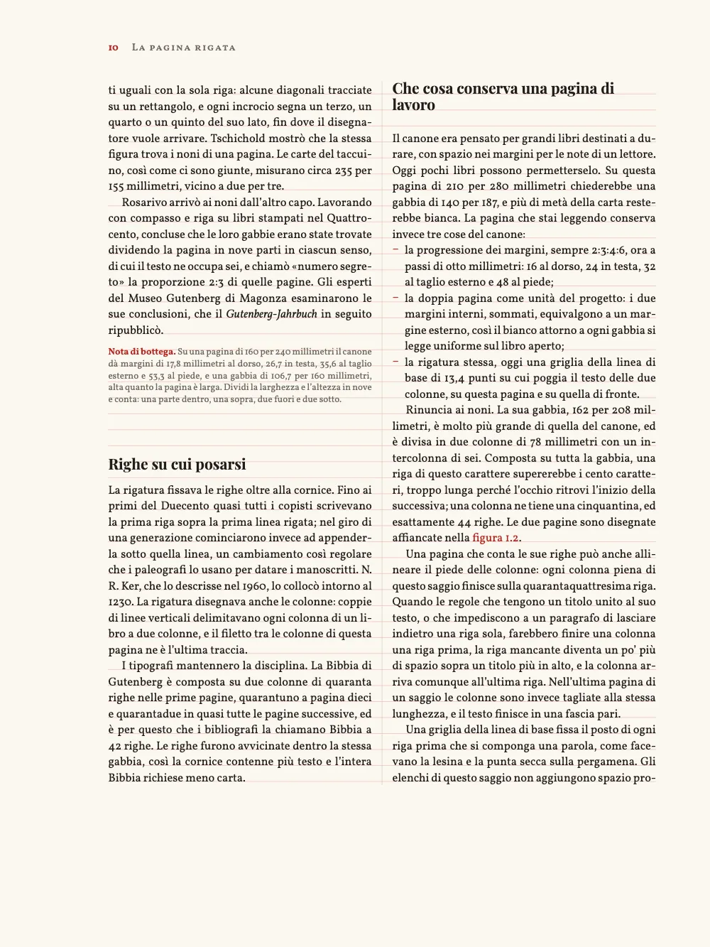 Pagina 10: Righe su cui posarsi. Un verso, margine esterno a sinistra, sotto la testatina «La pagina rigata». La «Nota di bottega», in corpo minore, cade tra le linee della griglia; il titolo «Righe su cui posarsi», poco sotto, sta mezza riga fuori griglia e il testo che lo segue torna sulle linee. Nella seconda colonna, «Che cosa conserva una pagina di lavoro» e il suo elenco di tre voci seguono la griglia dei paragrafi accanto.