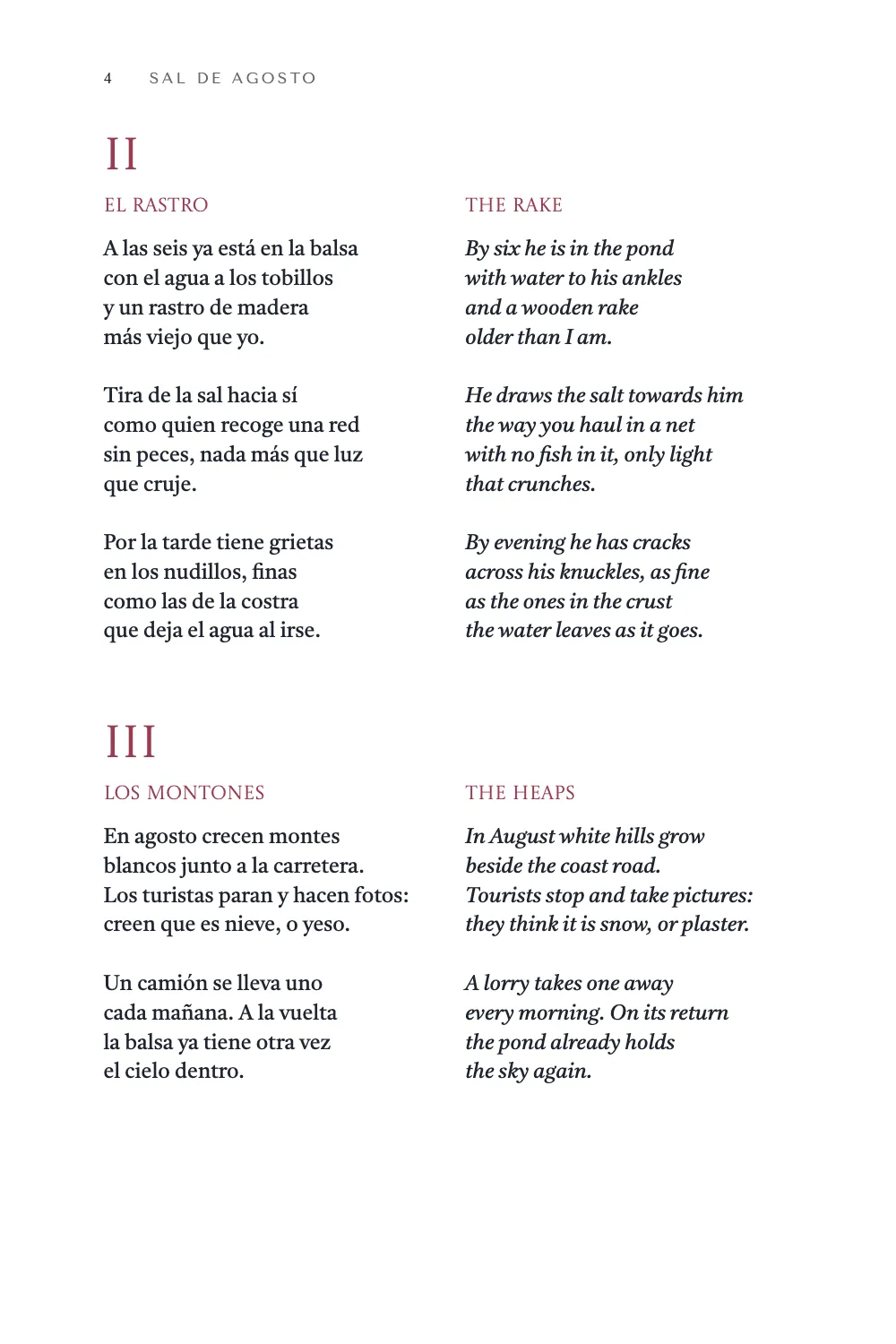 Page 4. Poems II and III, each a numeral over two columns whose stanzas face each other line for line.
