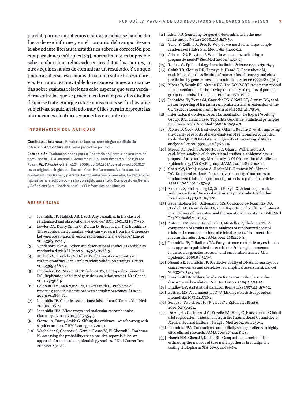 Página 7: INFORMACIÓN DEL ARTÍCULO. Página 7: el final del texto, la información del artículo en una palo seco pequeña y 33 referencias al estilo Vancouver, numeradas entre corchetes a dos columnas.