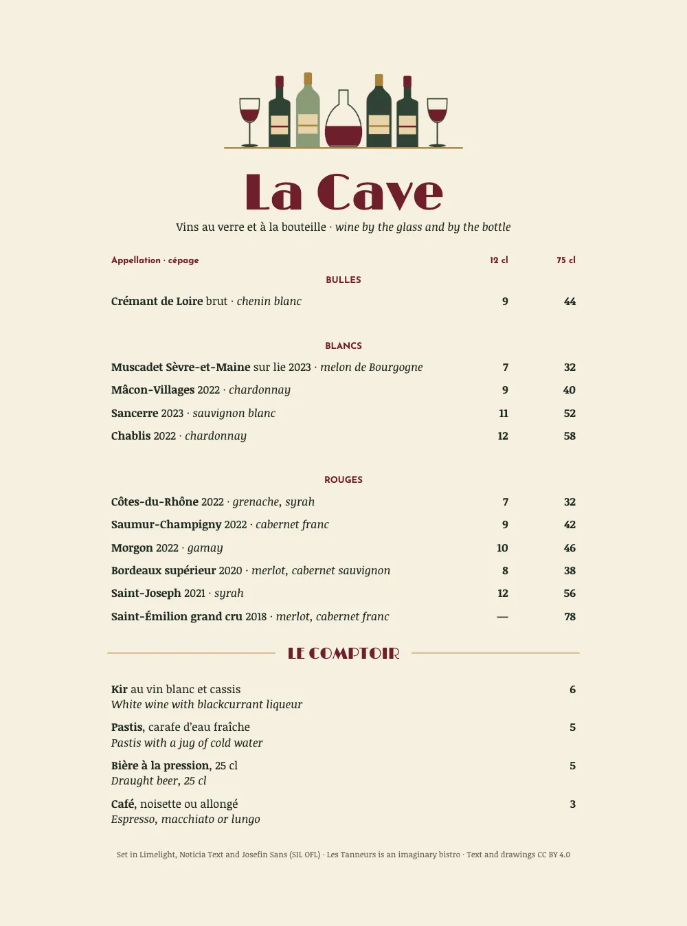 Page 2: La Cave. The back: two glasses, four bottles and a carafe on a brass shelf over La Cave. A wine list headed Appellation · cépage, 12 cl and 75 cl, with the regions Bulles, Blancs and Rouges centred across it; the Saint-Émilion has a dash in the glass column. Below, Le Comptoir, between two brass rules, lists kir, pastis, draught beer and coffee, and a small centred colophon runs along the foot.