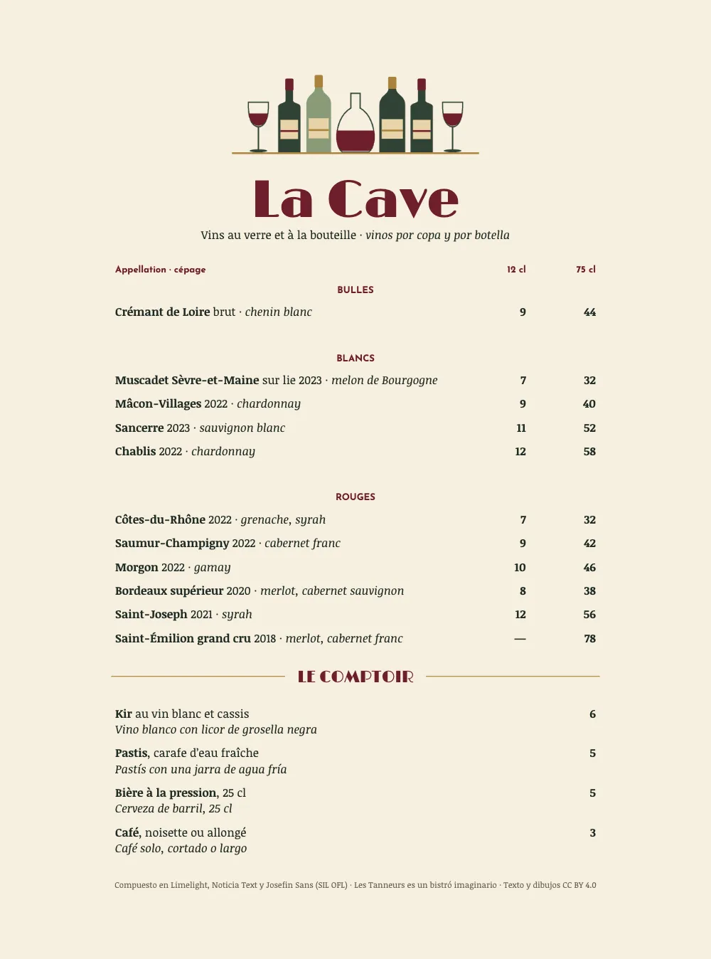 Página 2: La Cave. El dorso: dos copas, cuatro botellas y una jarra sobre un estante de latón, encima de La Cave. Una carta de vinos encabezada por Appellation · cépage, 12 cl y 75 cl, con las regiones Bulles, Blancs y Rouges centradas sobre la lista; el Saint-Émilion lleva una raya en la columna de la copa. Debajo, Le Comptoir, entre dos filetes de latón, con kir, pastís, cerveza de barril y café, y un colofón pequeño y centrado al pie.