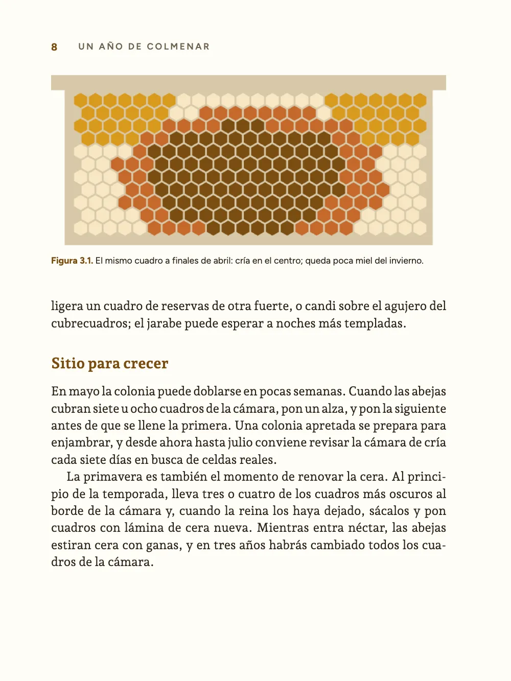 Página 8: Sitio para crecer. Figura 3.1. El mismo cuadro a finales de abril: cría en el centro; queda poca miel del invierno.