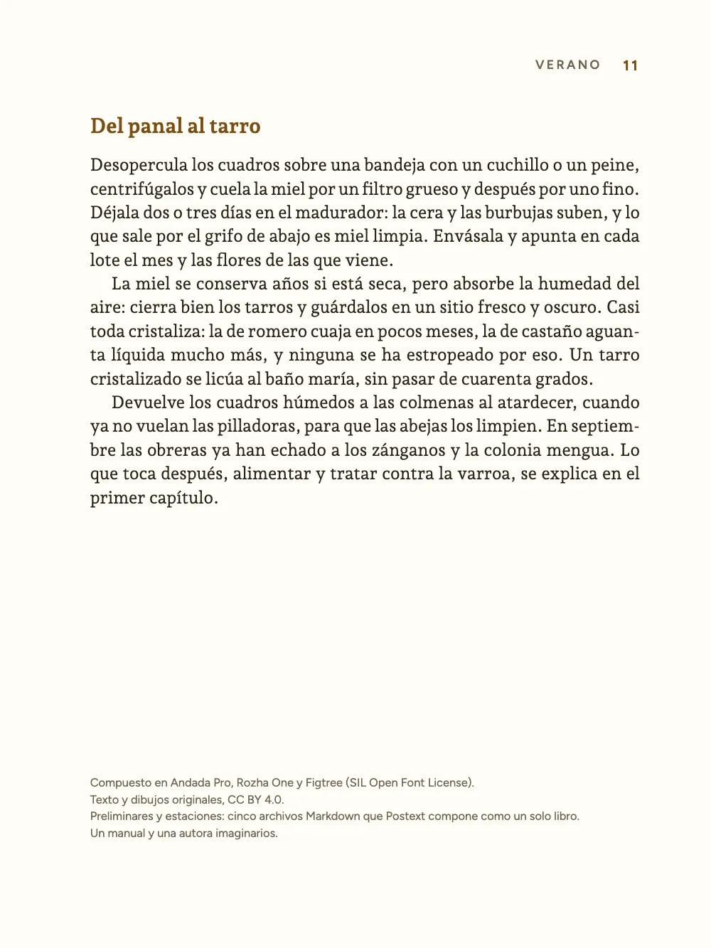 Página 11: Del panal al tarro. La página 11 es la única impar de texto corrido del libro: su cabecera dice VERANO, el título del capítulo, junto al folio.