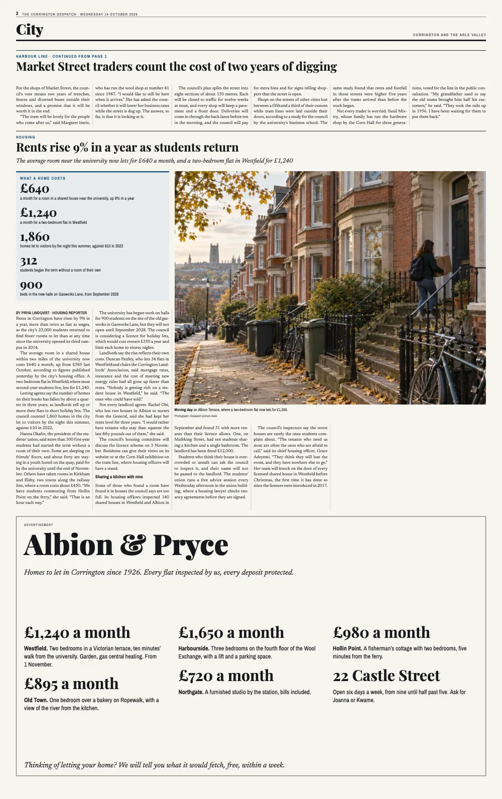 Opening page 2: City. Moving day on Albion Terrace, where a two-bedroom flat now lets for £1,240.