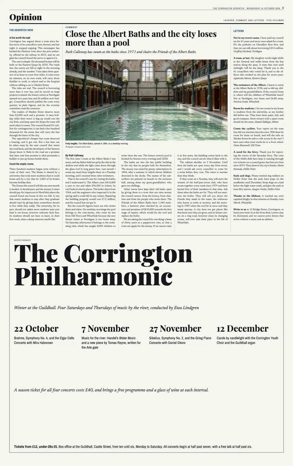 Opening page 3: Opinion. Forty lengths. The Albert Baths, opened in 1894, on a weekday morning.