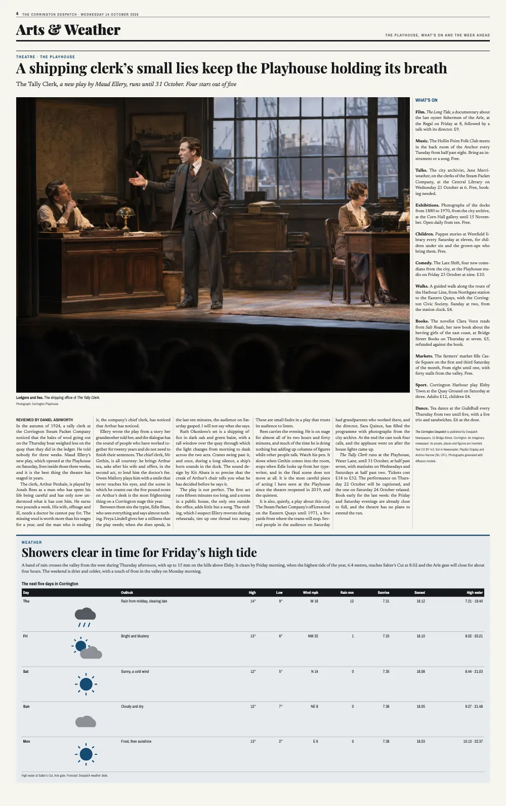 Opening page 4: Arts & Weather. Ledgers and lies. The shipping office of The Tally Clerk. · The next five days in Corrington.