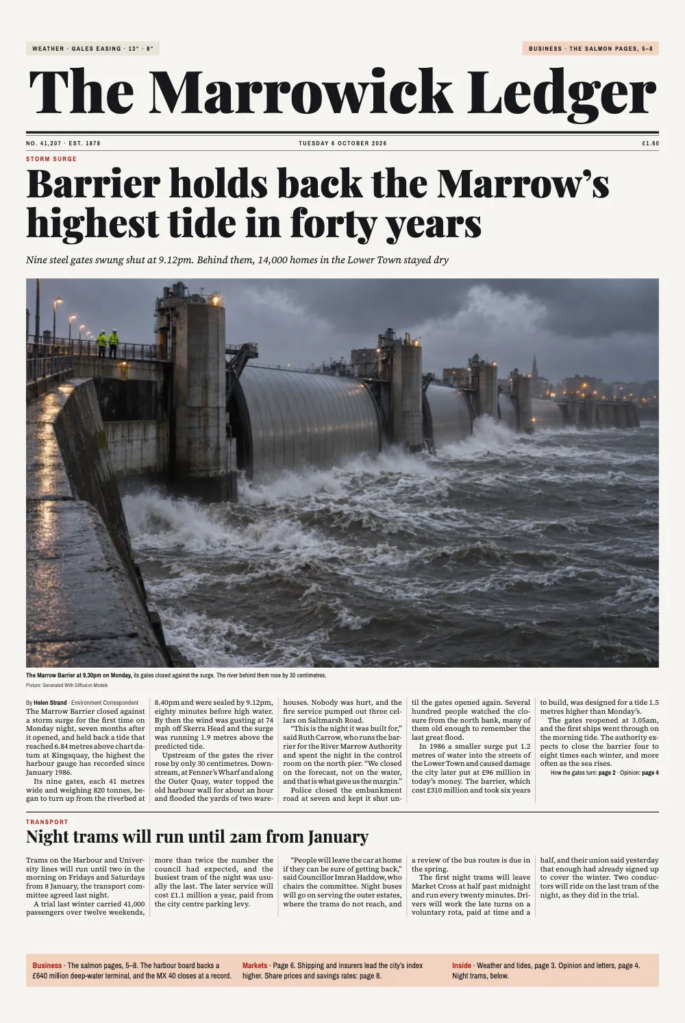 Opening page 1: The Marrowick Ledger. The Marrow Barrier at 9.30pm on Monday, its gates closed against the surge. The river behind them rose by 30 centimetres.