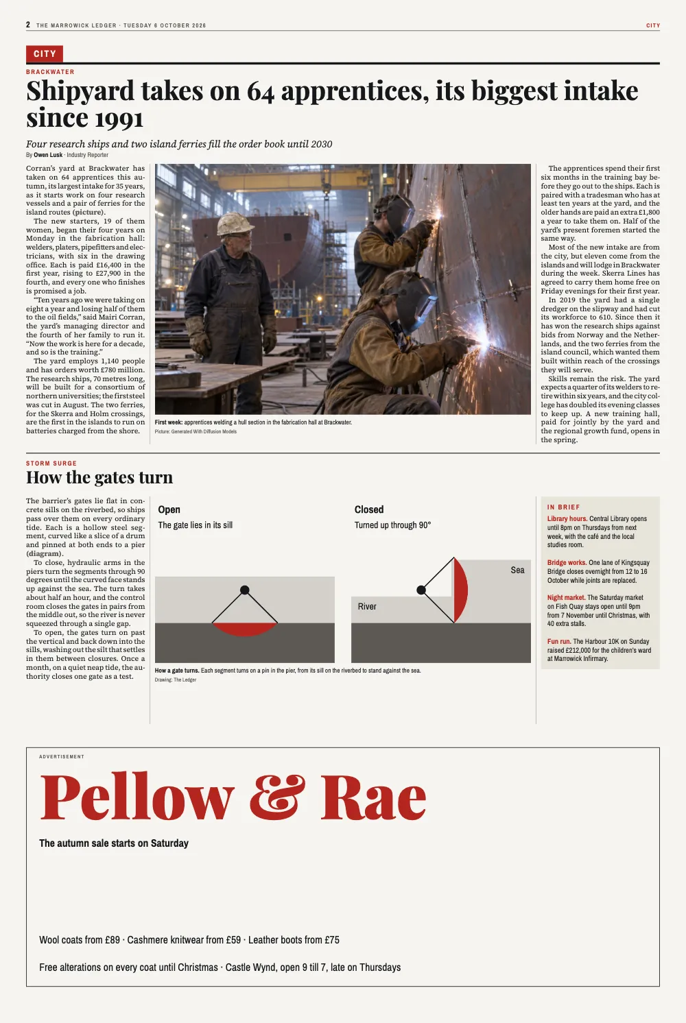 Opening page 2: City. First week: apprentices welding a hull section in the fabrication hall at Brackwater. · How a gate turns. Each segment turns on a pin in the pier, from its sill on the riverbed to stand against the sea.
