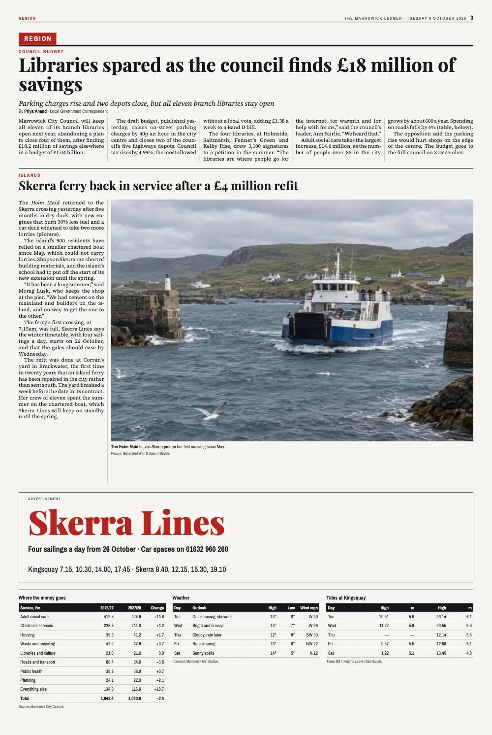 Opening page 3: Region. Where the money goes · Weather · Tides at Kingsquay · The Holm Maid leaves Skerra pier on her first crossing since May.