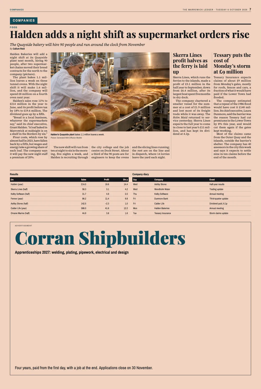 Opening page 7: Companies. Results · Company diary · Halden’s Quayside plant bakes 1.1 million loaves a week.