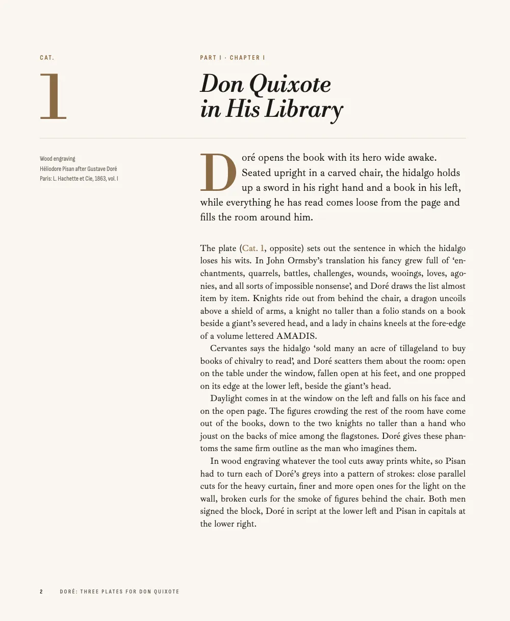 Opening page 2: 1 Don Quixote in His Library. Entry Cat. 1 on a left-hand page: a large sepia 1 beside the italic title Don Quixote in His Library, a hairline across the text block, the tombstone in the outer column, a lead with a three-line sepia drop cap and four justified paragraphs of commentary.