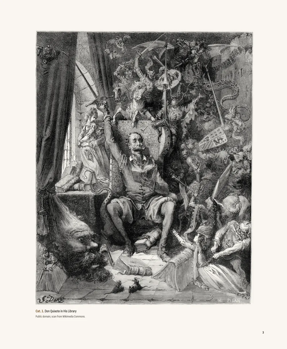 Page 3. Cat. 1. Don Quixote in His Library. The library engraving fills the right-hand page opposite its entry, centred, with the caption Cat. 1 and a credit line under it.