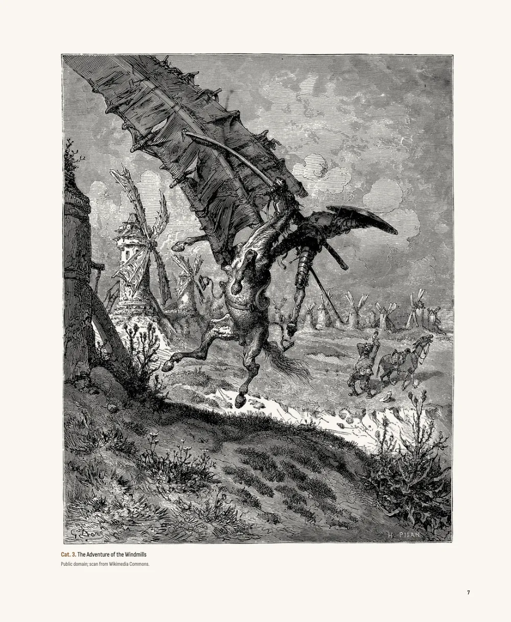 Page 7. Cat. 3. The Adventure of the Windmills. The Adventure of the Windmills fills the right-hand page opposite entry Cat. 3, with its caption and credit line.