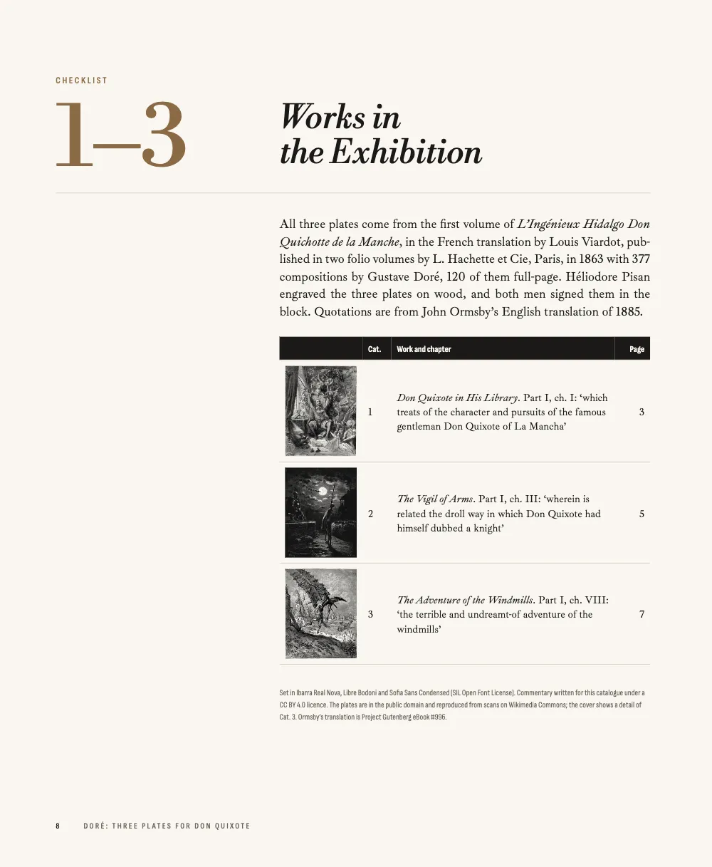 Opening page 8: Works in the Exhibition. The checklist: a sepia 1–3 beside the title Works in the Exhibition, a note on the 1863 edition, a table giving each plate's thumbnail, number, title, chapter and page, and the colophon.