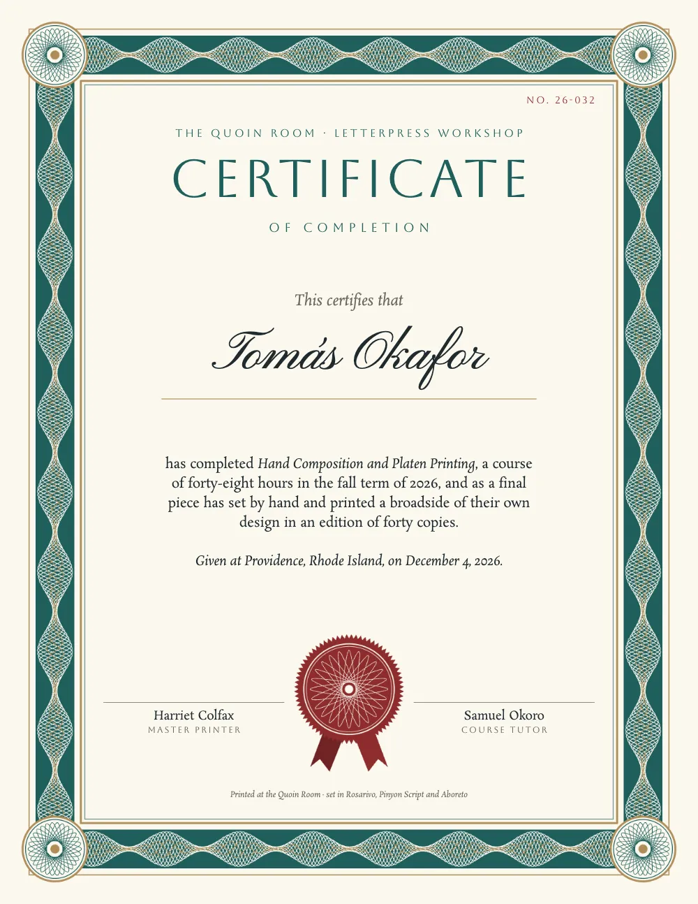 Opening page 2: Tomás Okafor. The same certificate for Tomás Okafor, serial number 26-032.