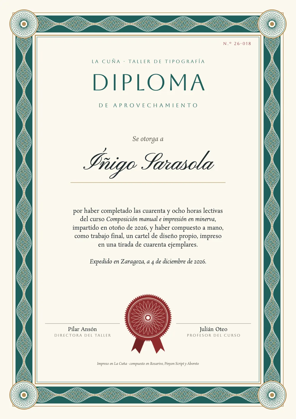 Página de apertura 2: Íñigo Sarasola. El mismo diploma para Íñigo Sarasola, número de serie 26-018.