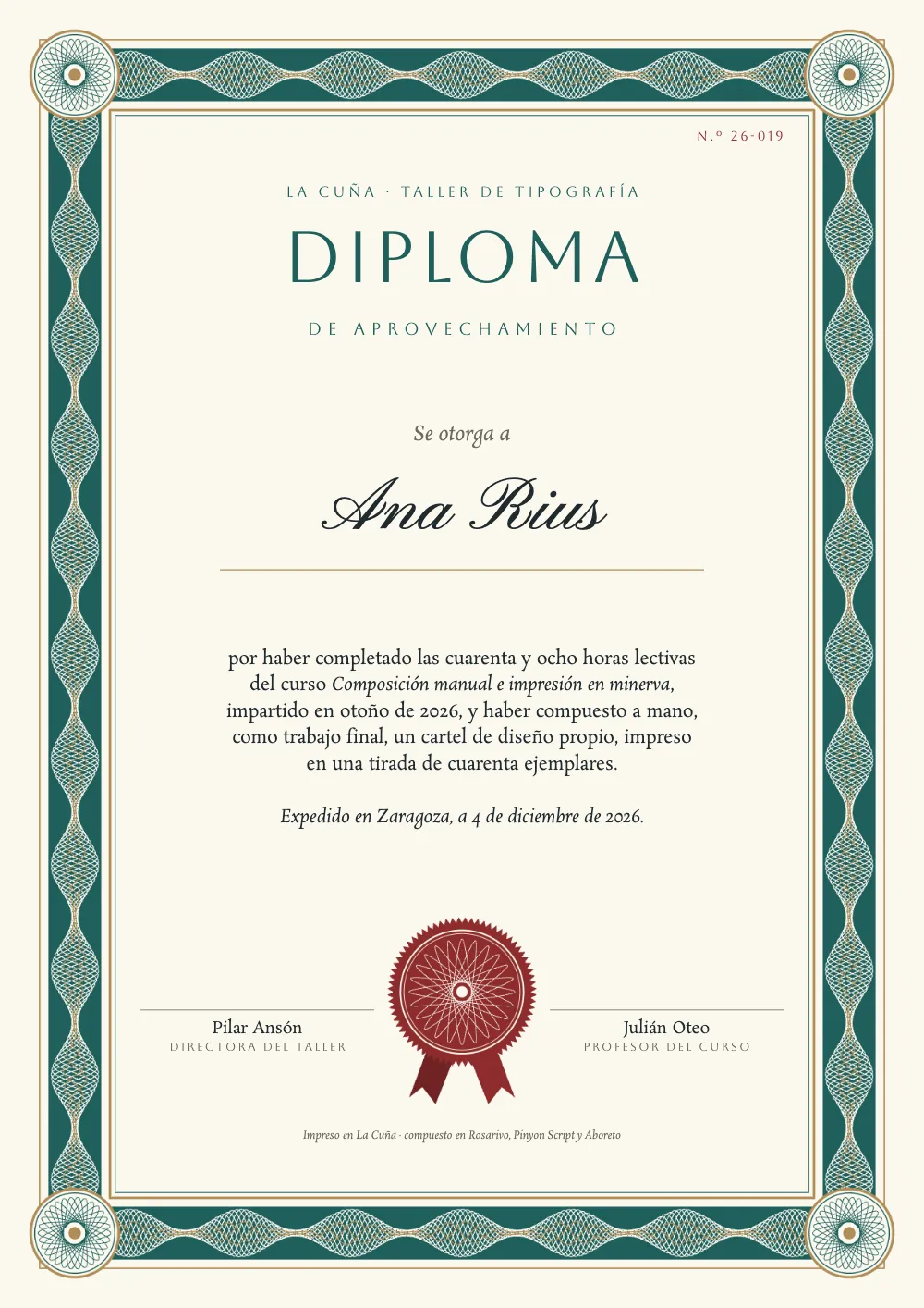 Página de apertura 3: Ana Rius. El mismo diploma para Ana Rius, número de serie 26-019.