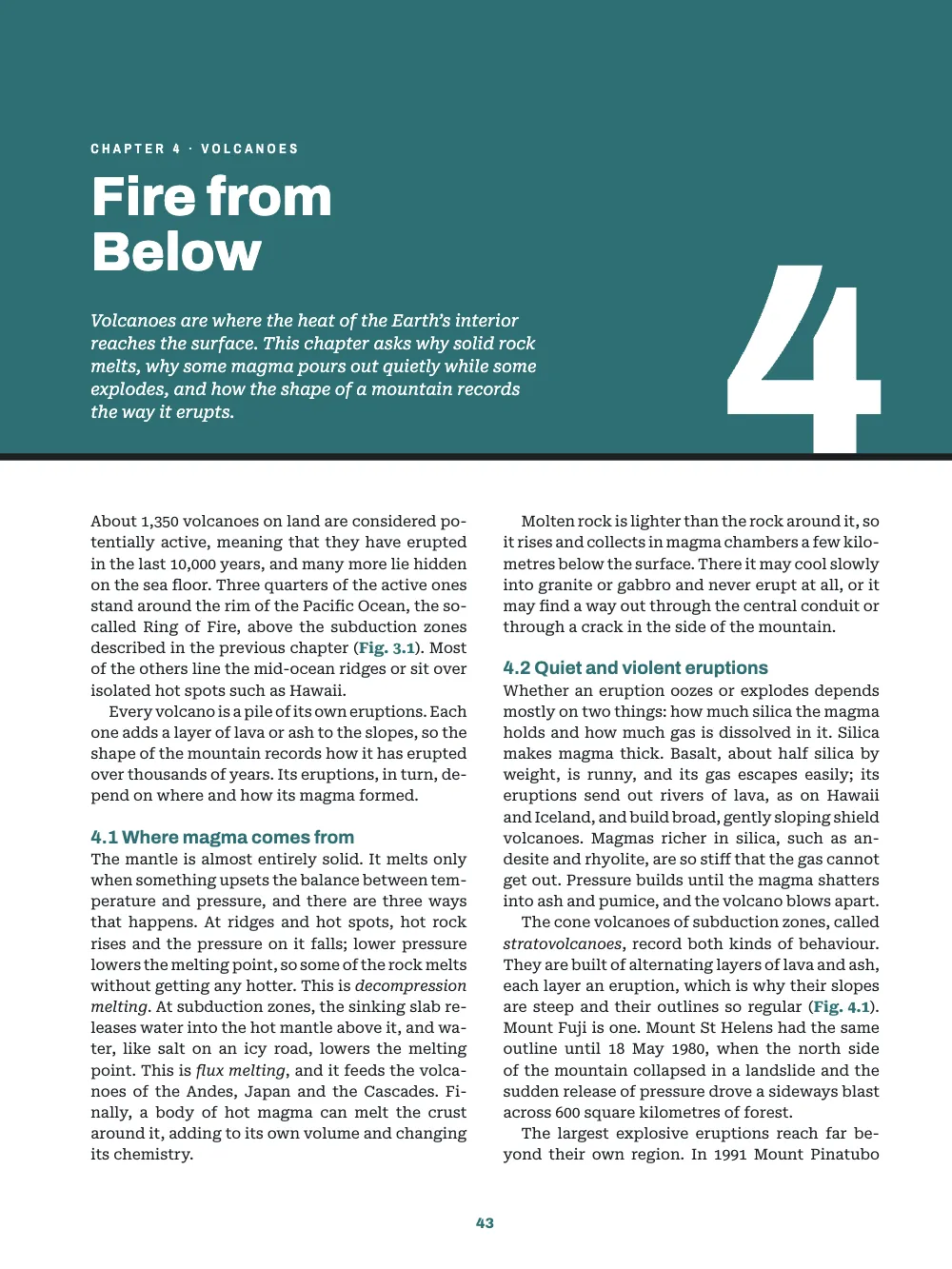 Opening page 43: Fire from Below. Chapter 4, “Fire from Below”, opens with the same design in teal.