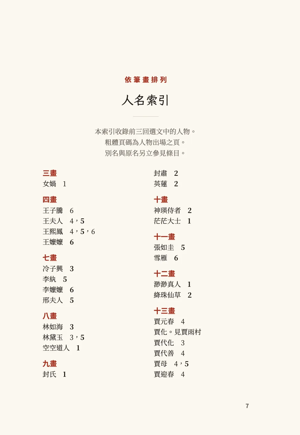 Opening page 7: 人名索引. The index opener of the Traditional edition: the kicker 依筆畫排列 in red, 人名索引, the same note in Traditional characters, then two columns under stroke-count heads from 三畫 to 十三畫, where the Jia names begin, since 賈 has thirteen strokes.