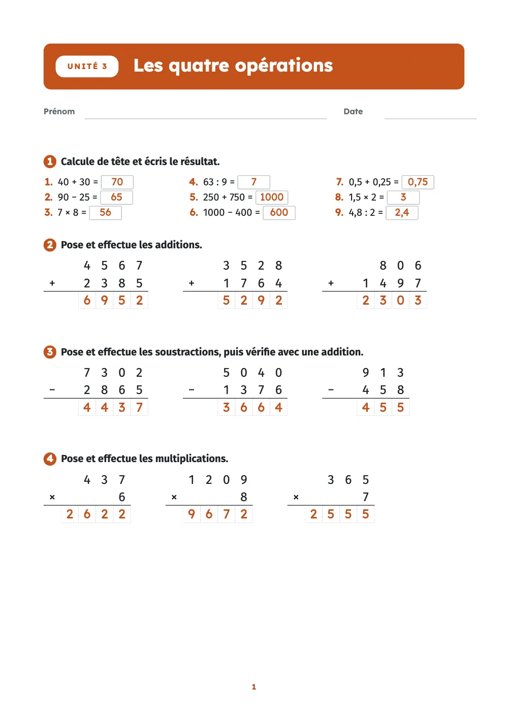 Page d’ouverture 1 : Les quatre opérations.