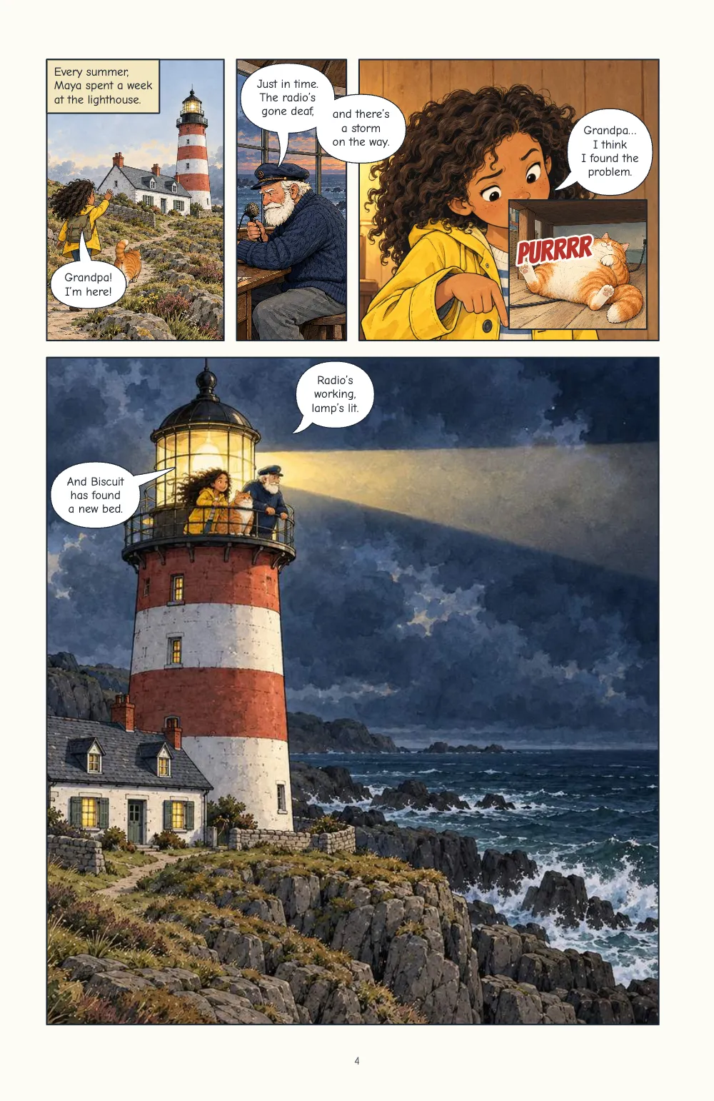 Page 4. Plan C: a top tier of three narrow panels with the cat as an inset over Maya's, and one tall panel of the lighthouse at night with two balloons near the gallery.