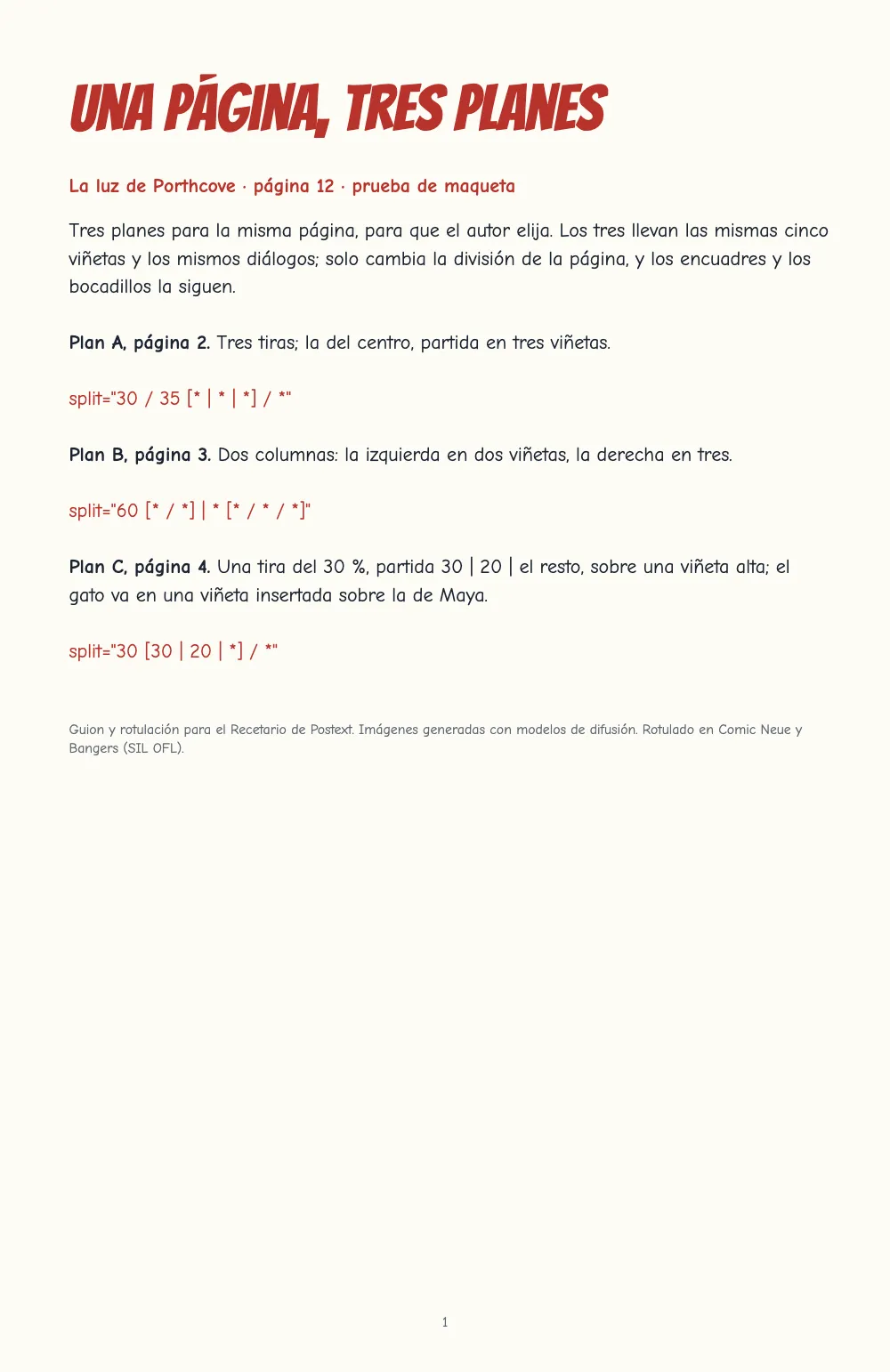 Página de apertura 1: Una página, tres planes. La portada de la prueba: el título en mayúsculas rojas y los tres planes, cada uno con su atributo split en rojo.