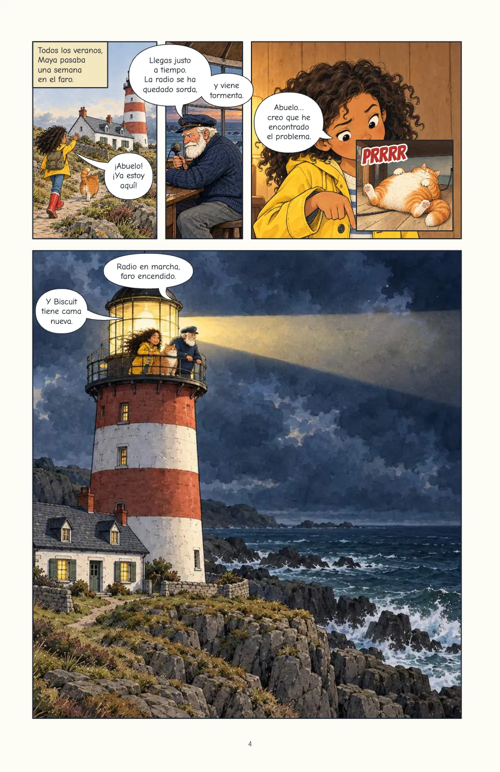 Página 4. Plan C: una tira superior con tres viñetas estrechas y el gato en una viñeta insertada sobre la de Maya, y una viñeta alta del faro de noche con dos bocadillos junto a la galería.