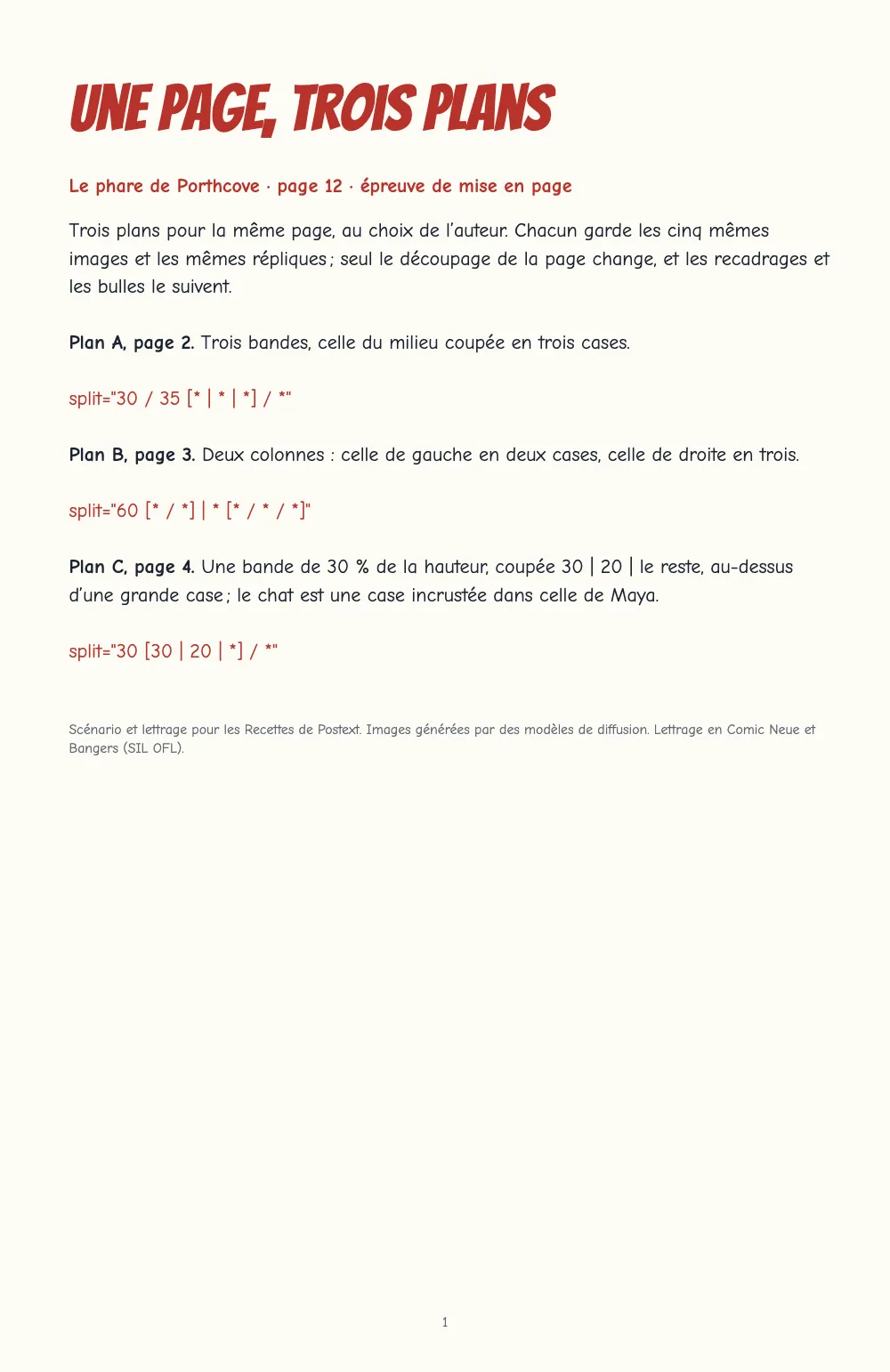 Page d’ouverture 1 : Une page, trois plans. La page de garde de l’épreuve : le titre « Une page, trois plans » en capitales de titrage rouges, puis les trois plans, chacun avec son attribut split en rouge.