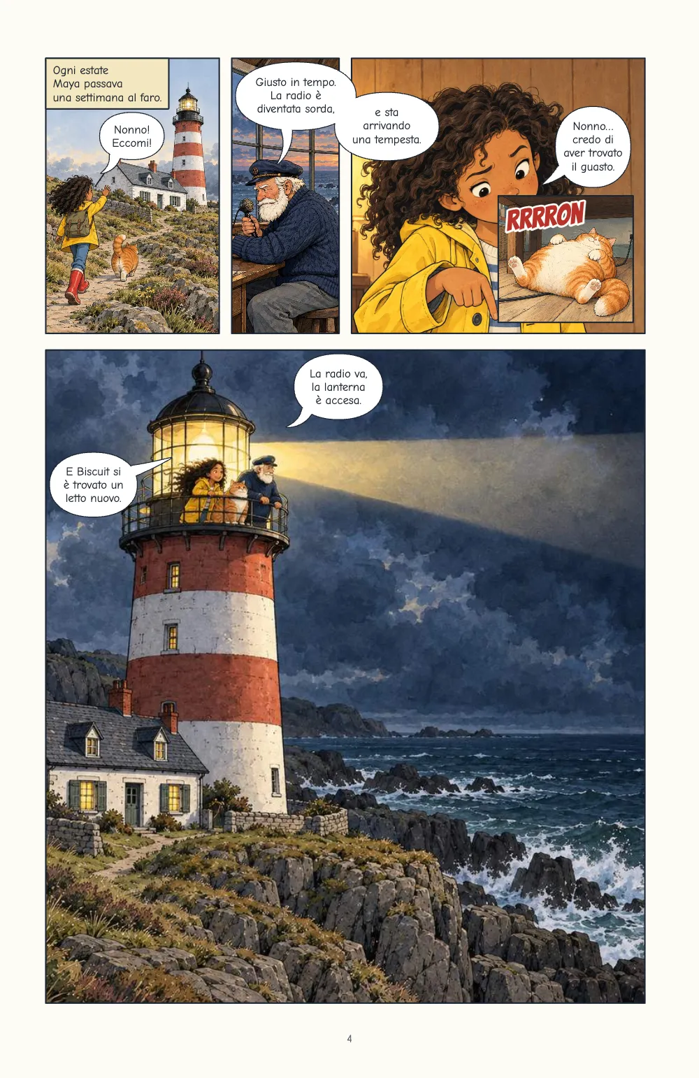 Pagina 4. Schema C: una striscia superiore di tre vignette strette, con i due balloon del guardiano che attraversano lo spazio fino alla vignetta di Maya e il gatto inserito sopra quella di Maya, poi una vignetta alta del faro di notte con due balloon vicino al ballatoio.