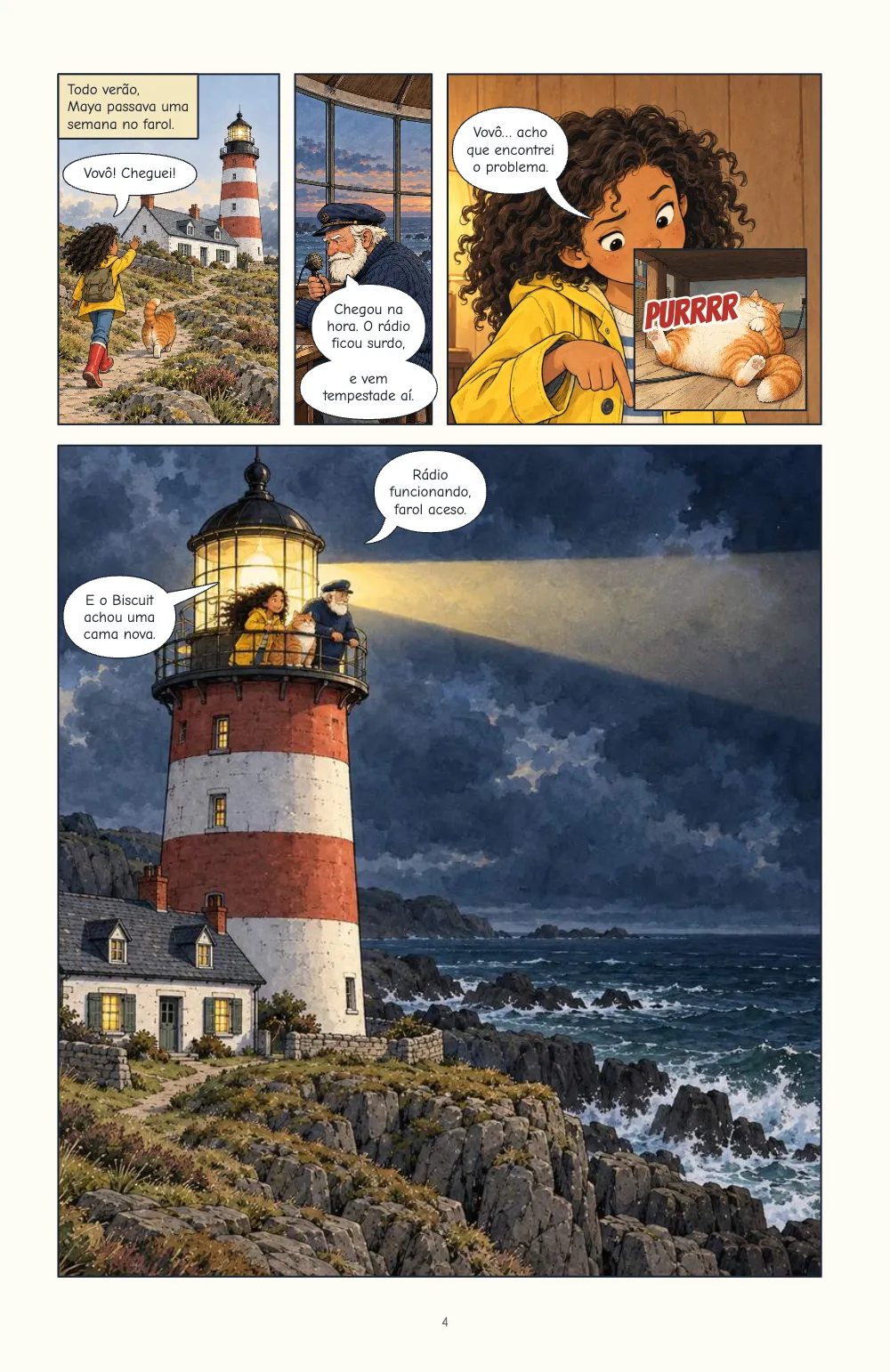 Página 4. Plano C: uma fileira superior com três quadros estreitos, os dois balões do faroleiro empilhados abaixo do rosto dele e o gato sobreposto ao quadro de Maya, e um quadro alto do farol à noite com dois balões perto da galeria.