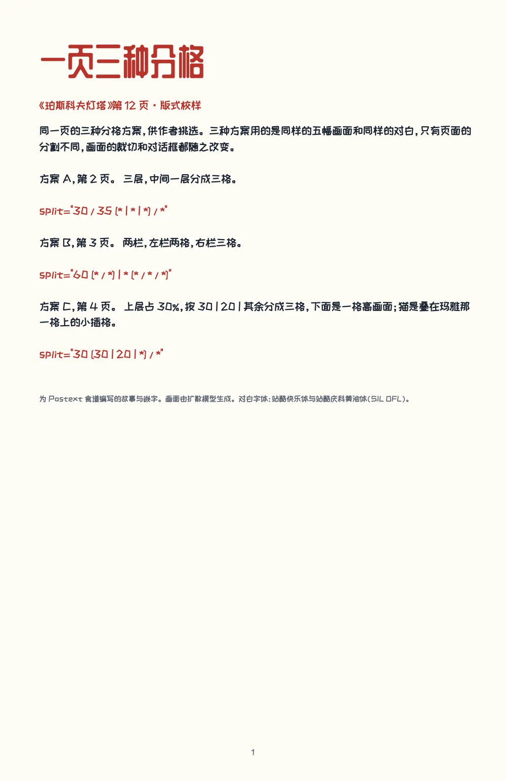 章首页，第 1 页：一页三种分格。. 校样的封面：红色大标题，下面是三种方案，各自的 split 属性用红色排出。
