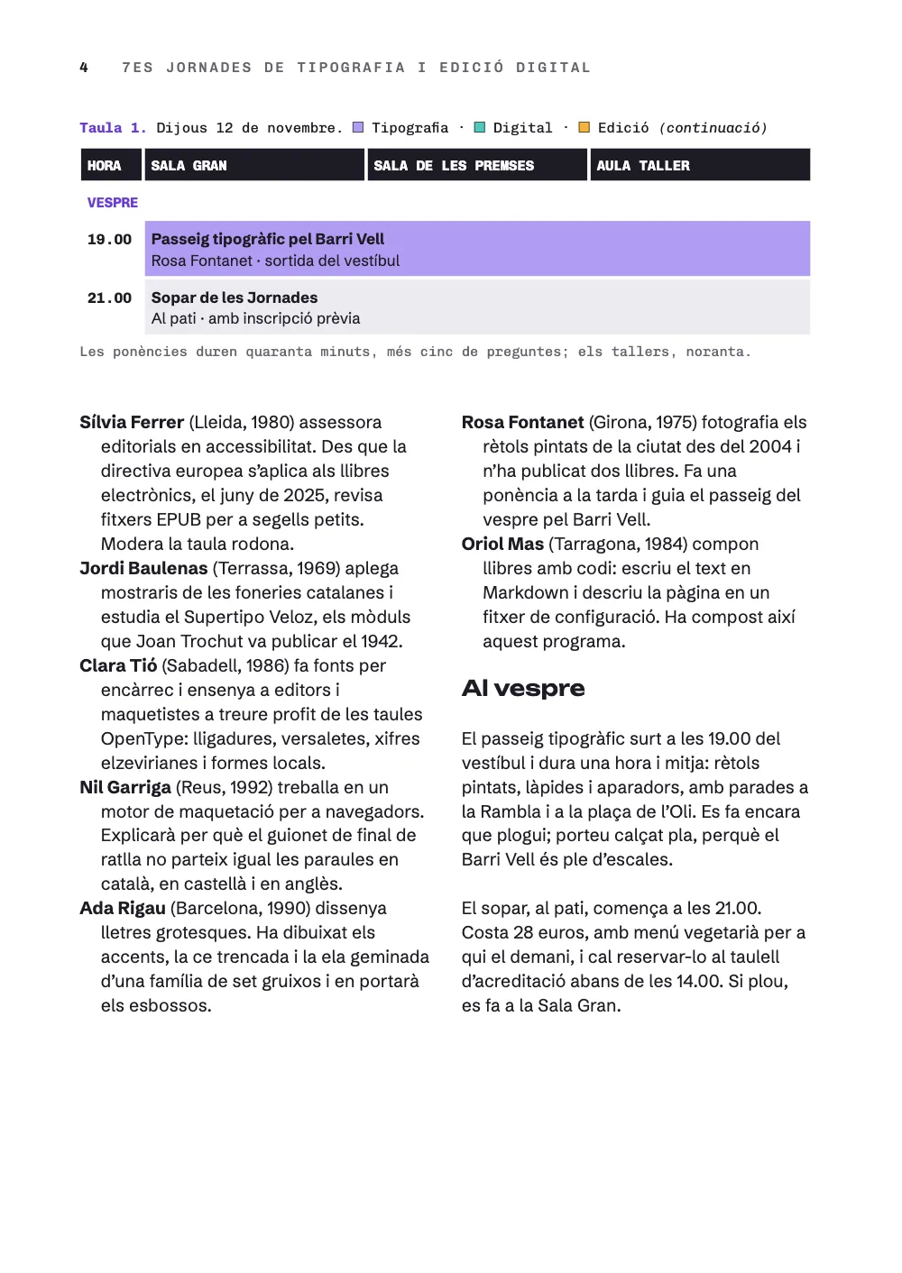 Page 4: Al vespre. Taula 1. Dijous 12 de novembre. ⁤ Tipografia · ⁤ Digital · ⁤ Edició (continuació). The grid ends at the head of the page under the same head row, its caption now ending in (continuació): the evening walk and the dinner, and a note on how long sessions last. Below, the rest of Thursday's speakers and Al vespre in two level columns.