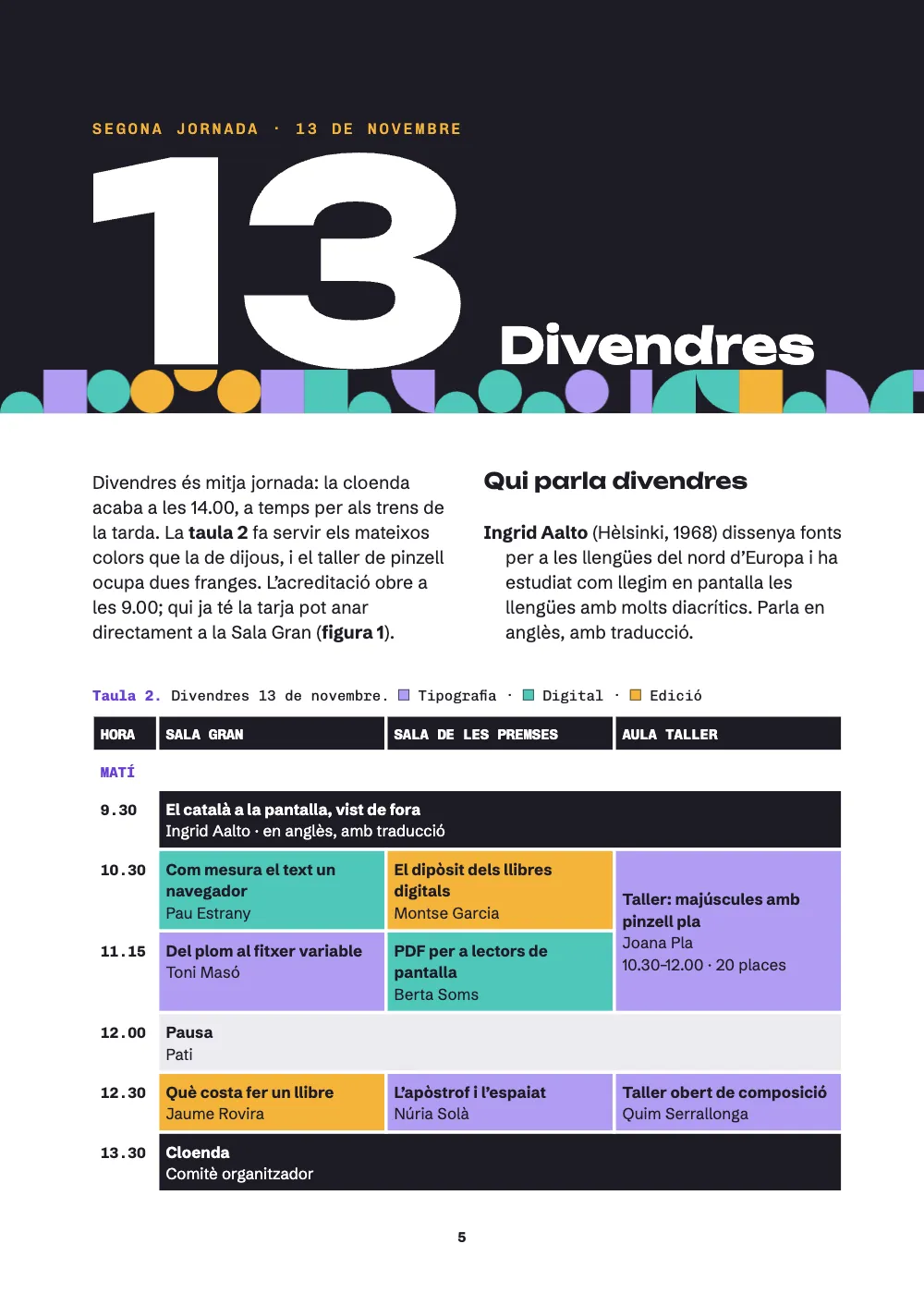 Opening page 5: Divendres. Taula 2. Divendres 13 de novembre. ⁤ Tipografia · ⁤ Digital · ⁤ Edició. Friday opens on the same band with a 13 and Divendres. A short introduction and the first Friday speaker sit above Taula 2, which fills the foot of the page whole: the plenary and the closing session in ink, one workshop across two slots, the talks in their track colours.