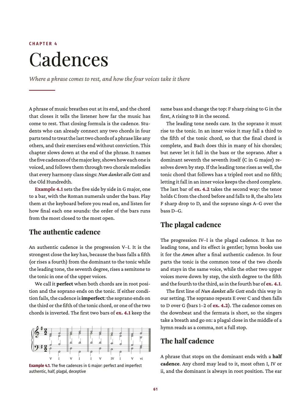 Opening page 61: Cadences. Example 4.1. The five cadences in G major: perfect and imperfect authentic, half, plagal, deceptive.
