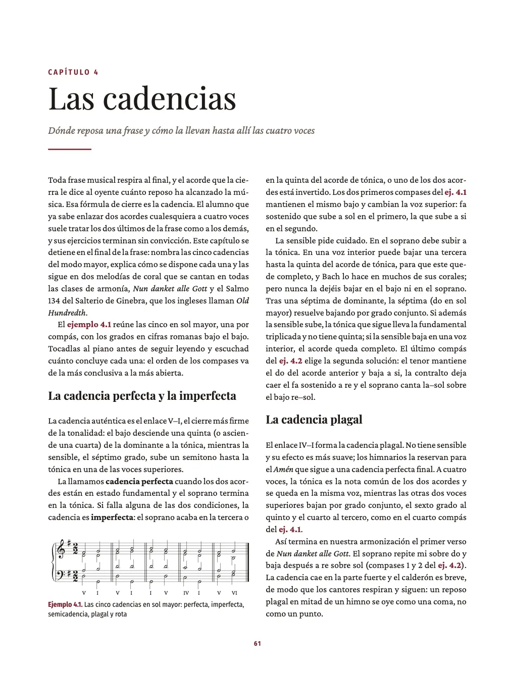 Página de apertura 61: Las cadencias. Ejemplo 4.1. Las cinco cadencias en sol mayor: perfecta, imperfecta, semicadencia, plagal y rota.