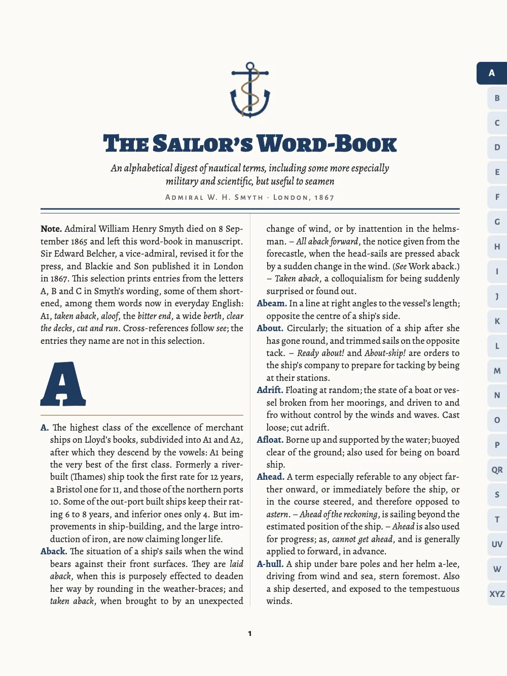 Opening page 1: The Sailor’s Word-Book. Page 1 opens the dictionary under a band: a fouled anchor, THE SAILOR’S WORD-BOOK in navy small capitals, the subtitle and byline of the 1867 title page, and a double rule. Below it come the editor’s note and a navy A four lines deep. Down the right edge runs the 22-tab index, A in navy.