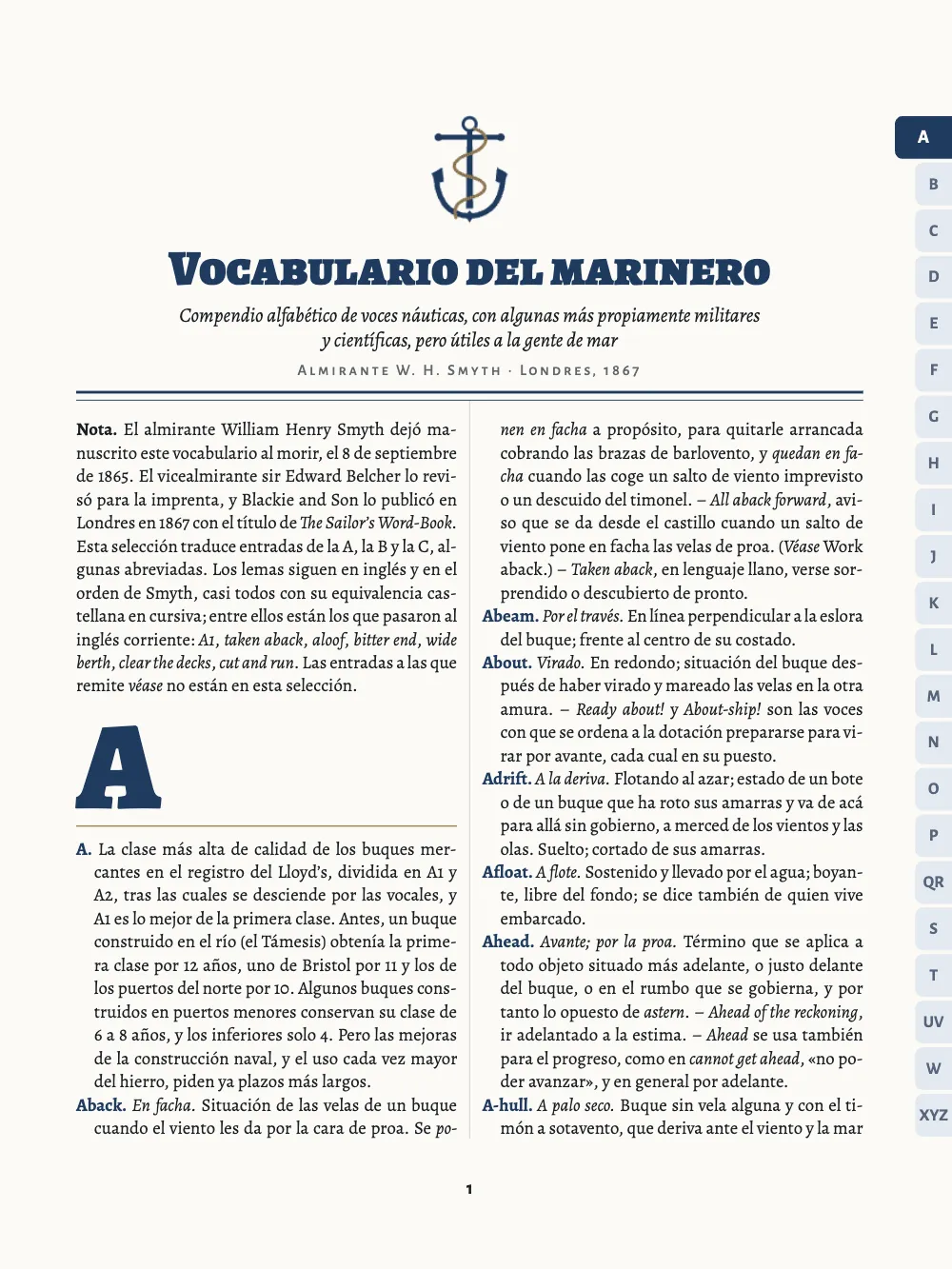Página de apertura 1: Vocabulario del marinero. La página 1 abre el diccionario bajo una banda: un ancla con su cabo, VOCABULARIO DEL MARINERO en versalitas azul marino, el subtítulo y la firma de la portada de 1867 y un filete doble. Debajo van la nota del editor y una A azul de cuatro líneas. Por el borde derecho baja el índice de 22 pestañas, con la A en azul marino.